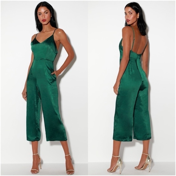 LULU’S Turn The Spotlights On Forest Green Satin Culotte Jumpsuit - Picture 1 of 6